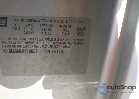 2017 Chevrolet Cruze Lt Auto из США, поврежденный, VIN 3G1BE6SM6HS510279